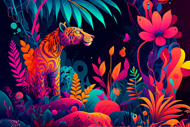 Fotomural o papel pintado dibujo selva jaguar colorido