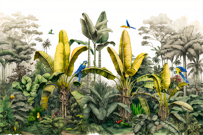 Fotomural o papel pintado  selva tropical con guacamayos