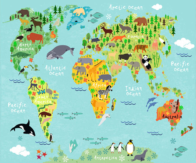 Fotomural o papel pintado mapamundi infantil animales