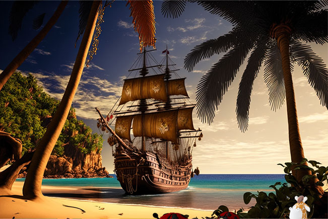 Fotomural o papel pintado barco pirata en playa
