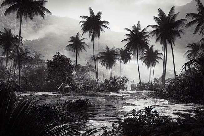 Fotomural o papel pintado paisaje tropical blanco y negro