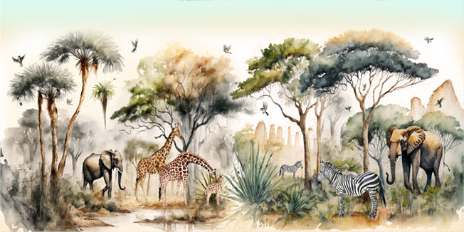 Fotomural paisaje africano elefantes cebras jirafas