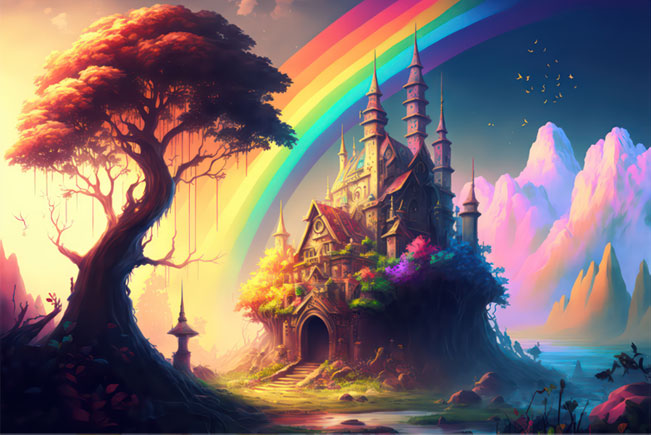 Fotomural o papel pintado paisaje cuento castillo y arcoiris