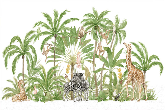 Fotomural o papel pintado paisaje palmeras monos y cebras