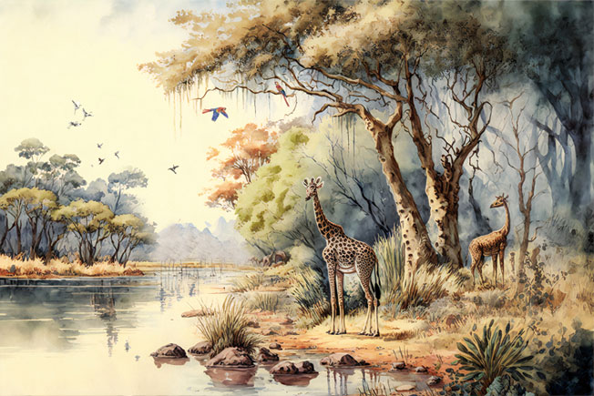 Fotomural o papel pintado paisaje lago jirafas aves