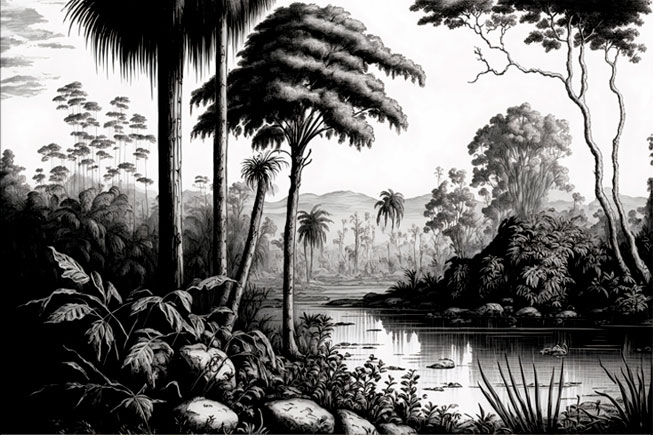 Fotomural o papel pintado paisaje selva lago blanco y negro