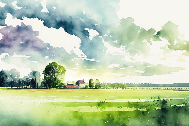 Fotomural o papel pintado acuarela paisaje campo y casa