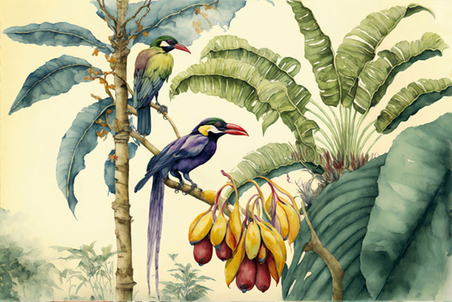 Fotomural o papel pintado plantas y aves tropicales en acuarela