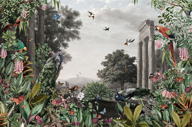Fotomural o papel pintado ruinas con plantas y aves pavo real