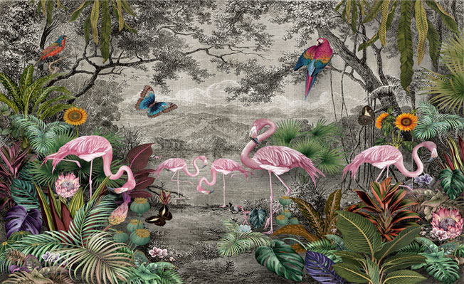 Fotomural o papel pintado selva tropical flamingos y aves