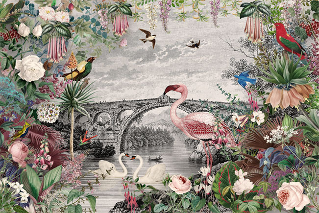 Fotomural o papel pintado vintage puente con flores y aves