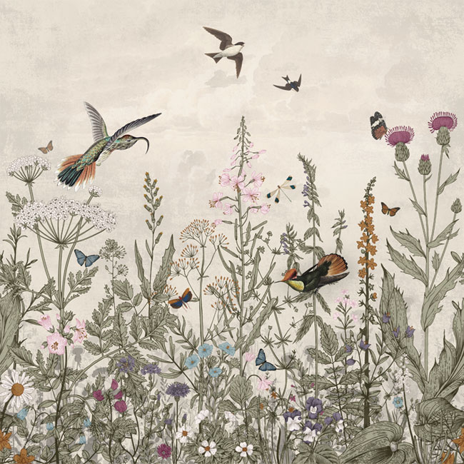Fotomural o papel pintado flores vintage aves colibri