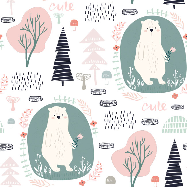Fotomural infantil dibujos árboles flores y osos