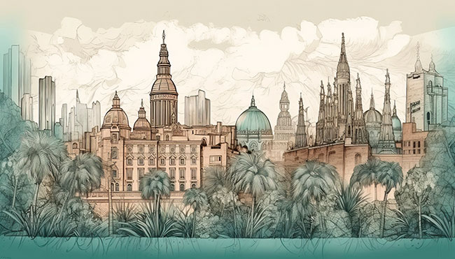 Fotomural o papel pintado acuarela skyline barcelona