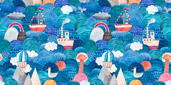 Fotomural o papel pintado barcos y globos acuarela
