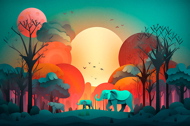 Fotomural o papel pintado elefantes atardecer
