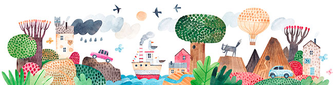 Fotomural ilustracion paisaje animales y globo