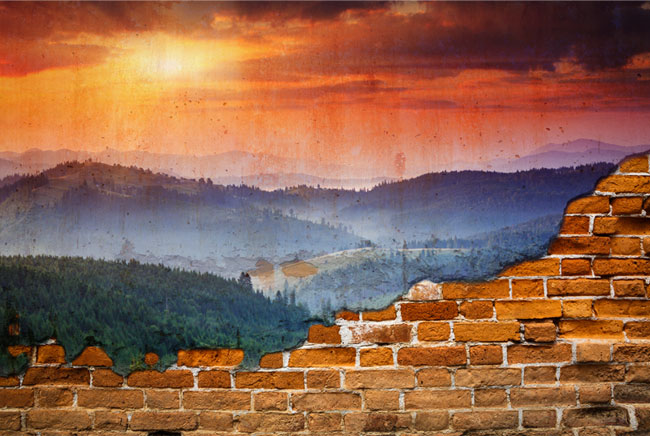 Fotomural efecto pared rota atardecer paisaje montaña