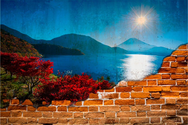 Fotomurales atardecer lago monte fuji efecto pared rota