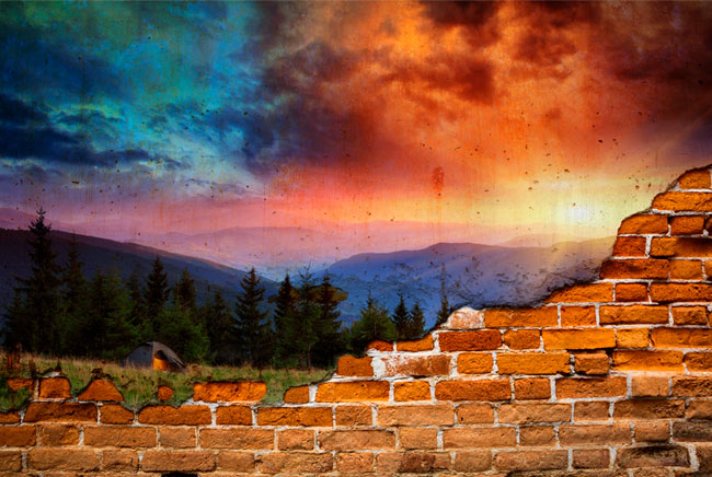 Fotomural atardecer montañas efecto pared rota