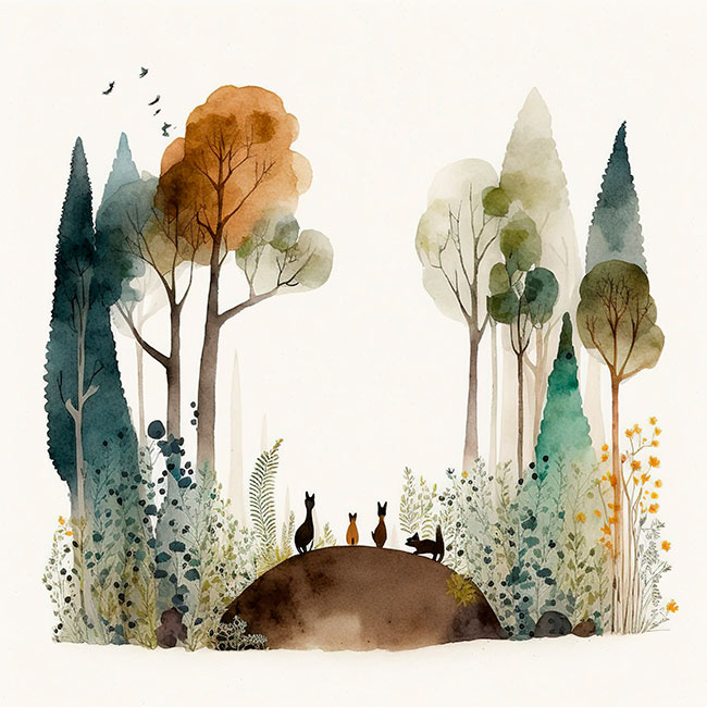 Fotomural o papel pintado bosque con gatos en acuarela