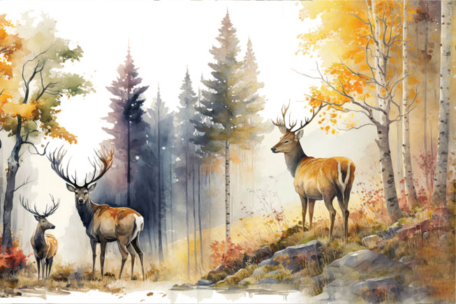 Papel pintado o fotomural bosque otoñal con renos