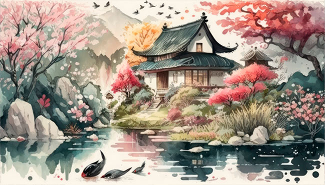 Papel pintado o fotomural acuarela paisaje asiático