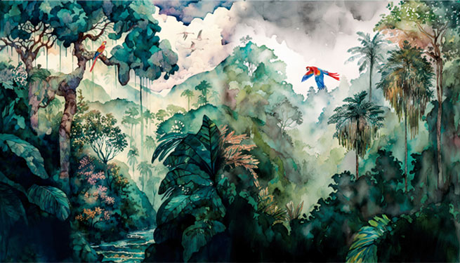 Fotomural o papel pintado acuarela tropical con guacamayos