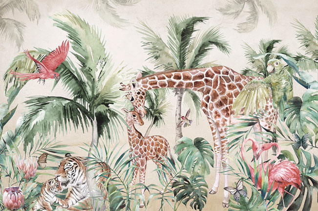 Papel pintado acuarela selva tropical jirafas