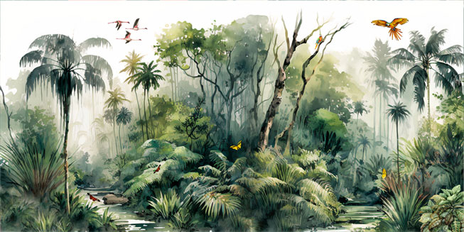 Papel pintado o fotomural acuarela selva y aves tropicales