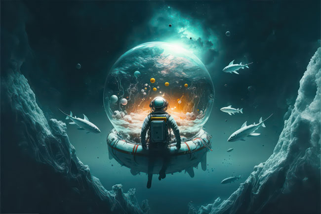 Papel pintado ciencia ficción astronauta peces en el espacio