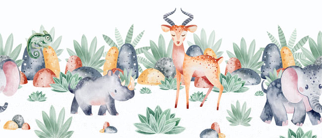 Papel pintado infantil dibujo acuarela animales bebés