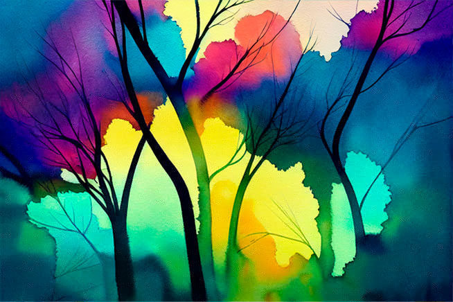 Fotomural dibujo acuarela árboles coloridos juvenil