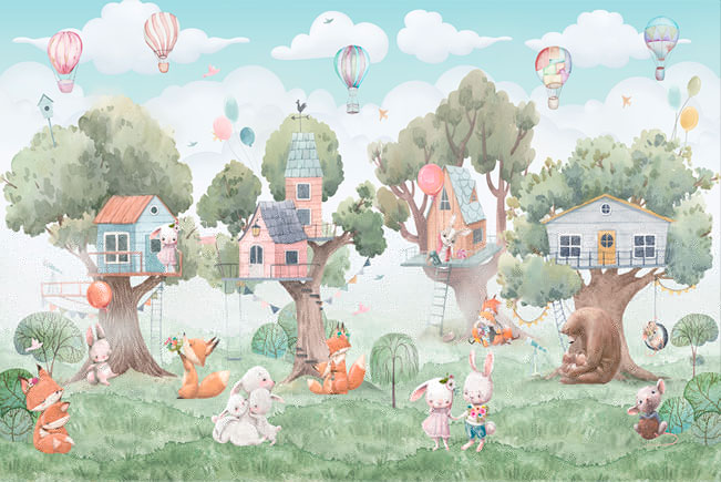 Papel pintado dibujo acuarela infantil animales casas y globos