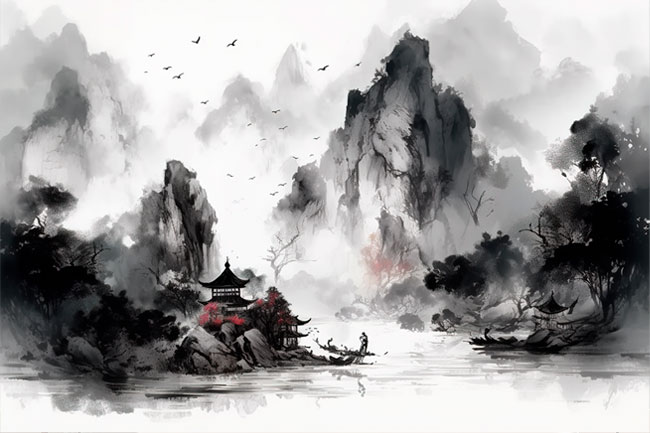Papel pintado o fotomural acuarela paisaje asiático lago y templo
