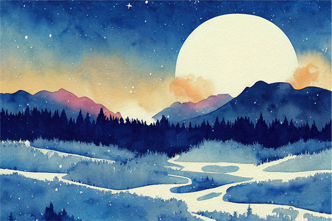 Papel pintado o fotomural acuarela paisaje con pinos luna y estrellas