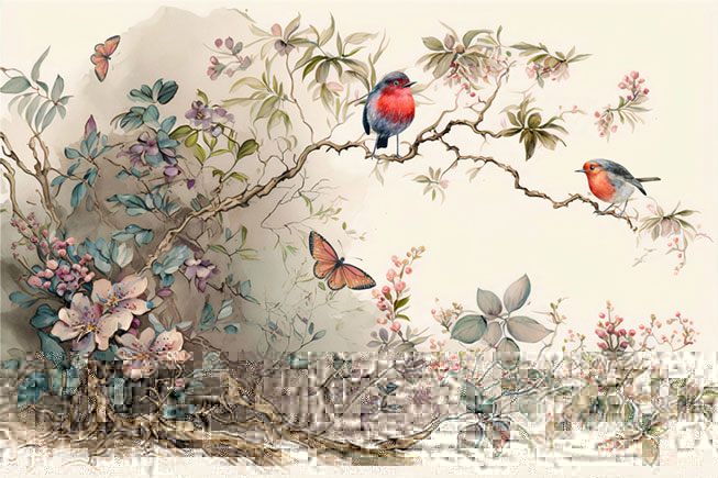 Fotomural dibujo acuarela vintage pájaros mariposas y flores
