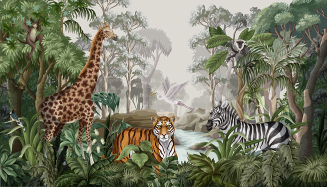 Papel pintado o fotomural dibujo animales selva