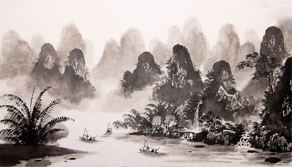 Papel pintado o fotomural dibujo paisaje asiático