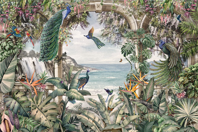 Papel pintado o fotomural paisaje y aves tropicales