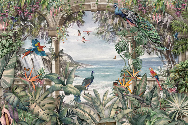 Papel pintado o fotomural paisaje mar y aves tropicales