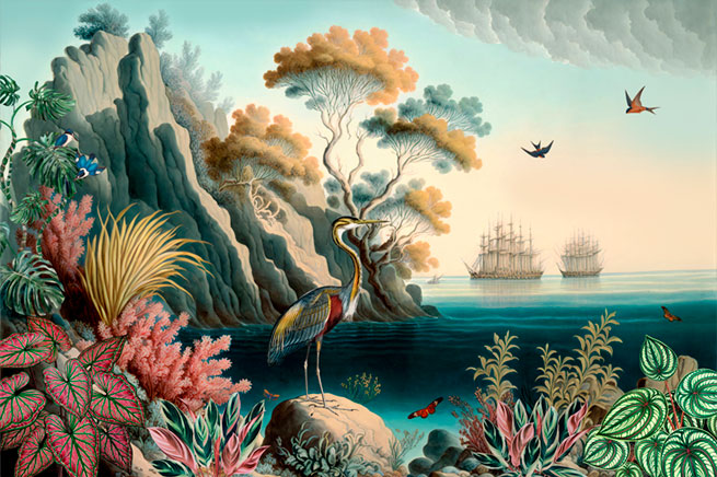 Papel pintado o fotomural dibujo clásico barcos y aves