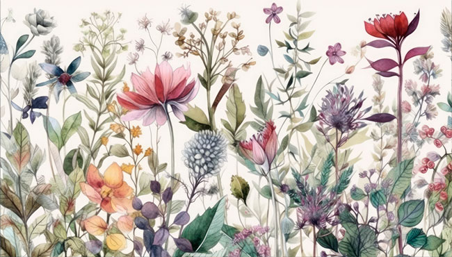 Papel pintado o fotomural dibujo flores silvestres vintage