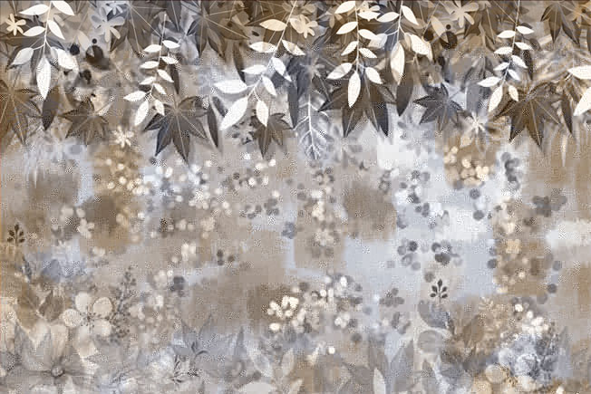 Papel pintado o fotomural dibujo acuarela flores y hojas