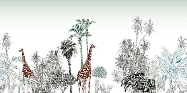 Papel pintado o fotomural dibujo palmeras jirafas y zebras