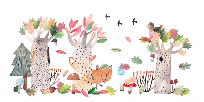 Fotomural infantil acuarela de bosque y animales