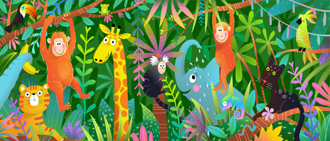 Papel pintado infantil mono jirafa elefante en la selva