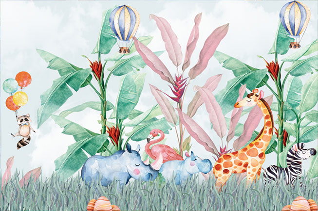 Papel pintado o fotomural dibujo infantil animales y globos