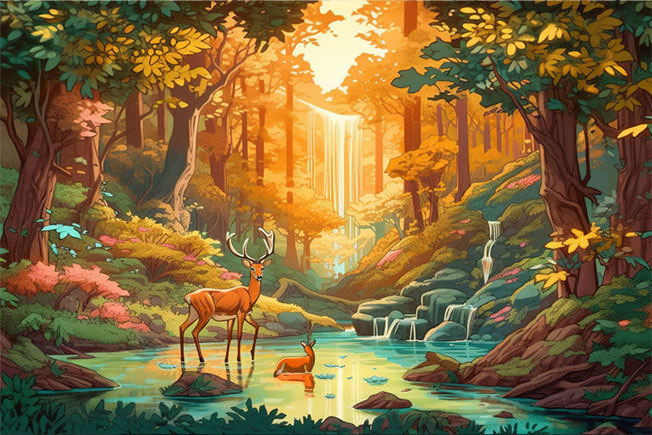 Papel pintado o fotomural dibujo ciervos en el bosque