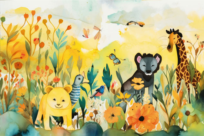 Papel pintado o fotomural dibujo infantil animales en acuarela